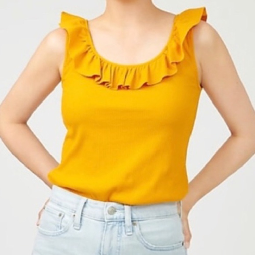 J Crew Ruffle-Neck Ribbed Tank Top - Warm Marigold